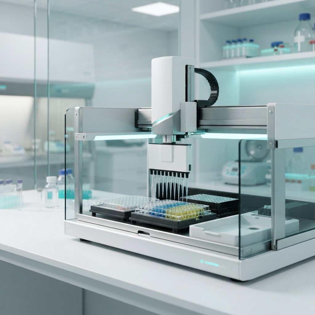 Automated wet lab instrument with a robotic pipette array over a microplate